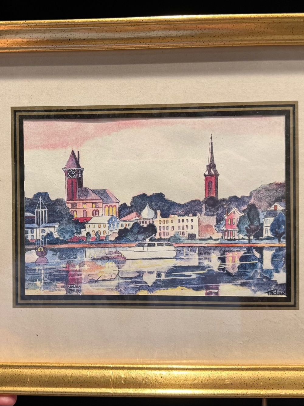 Vintage framed watercolor art print , signed 8x10